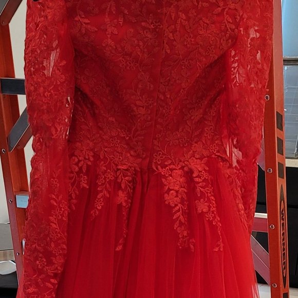 Hebeos Off The Shoulder Red Lace Wedding Dress - Picture 7 of 16